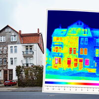Infrarotaufnahme eines Altbauhauses, jenes Haus ist im Hintergrund zu sehen.