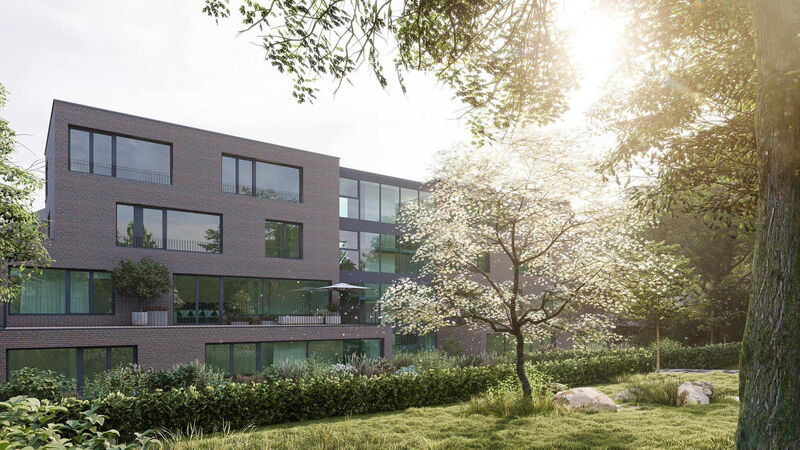 Rendering eines Moderenen Mehrfamilienhauses im Grünen, von Bäumen umgeben.