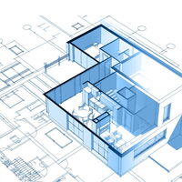 Technische Zeichnung mit hervorgehobenen 3D Elementen einer aufgeschnittenen Hausansicht.