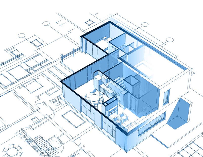 Technische Zeichnung mit hervorgehobenen 3D Elementen einer aufgeschnittenen Hausansicht.